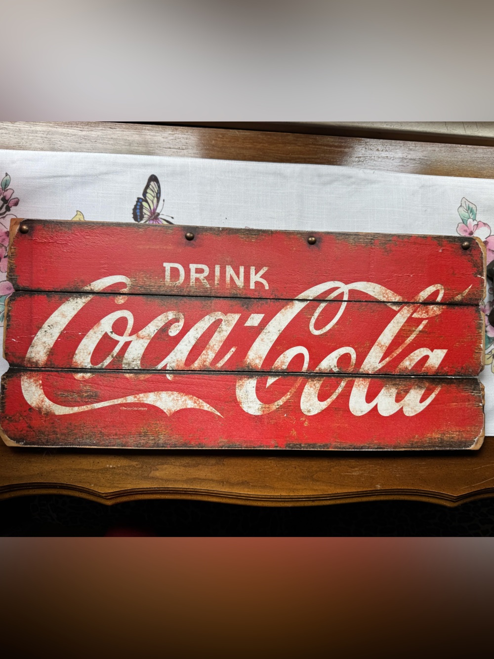 Coca-Cola Red and White Distressed Wooden Logo Plaque